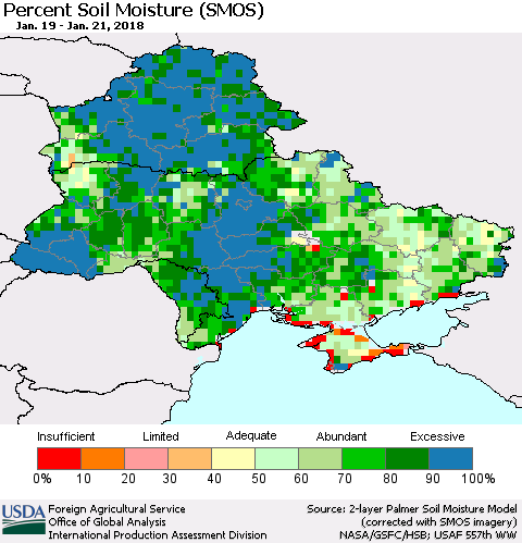 Ukraine, Moldova and Belarus Percent Soil Moisture (SMOS) Thematic Map For 1/15/2018 - 1/21/2018