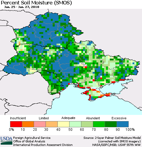 Ukraine, Moldova and Belarus Percent Soil Moisture (SMOS) Thematic Map For 1/22/2018 - 1/28/2018