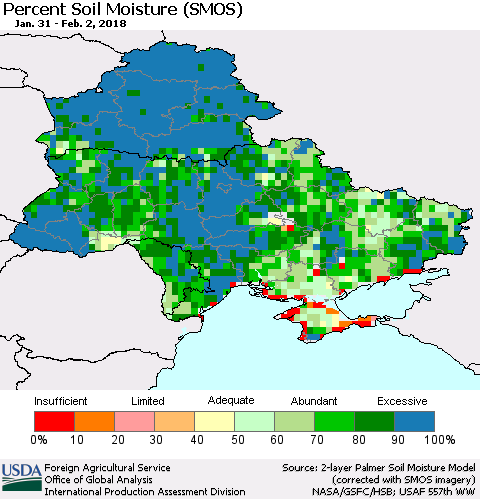Ukraine, Moldova and Belarus Percent Soil Moisture (SMOS) Thematic Map For 1/29/2018 - 2/4/2018