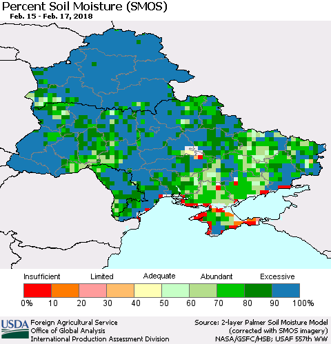 Ukraine, Moldova and Belarus Percent Soil Moisture (SMOS) Thematic Map For 2/12/2018 - 2/18/2018