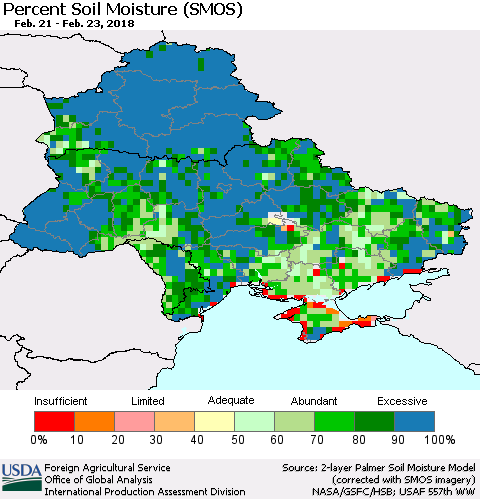Ukraine, Moldova and Belarus Percent Soil Moisture (SMOS) Thematic Map For 2/19/2018 - 2/25/2018