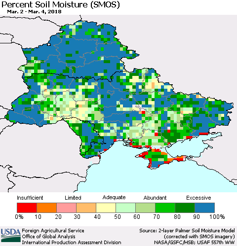 Ukraine, Moldova and Belarus Percent Soil Moisture (SMOS) Thematic Map For 2/26/2018 - 3/4/2018