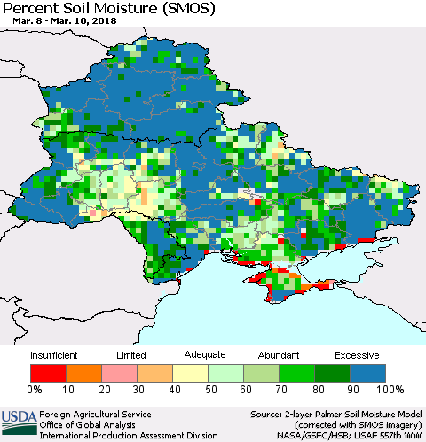 Ukraine, Moldova and Belarus Percent Soil Moisture (SMOS) Thematic Map For 3/5/2018 - 3/11/2018