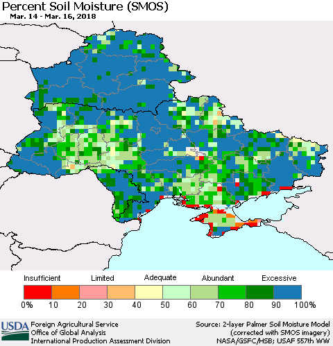 Ukraine, Moldova and Belarus Percent Soil Moisture (SMOS) Thematic Map For 3/12/2018 - 3/18/2018