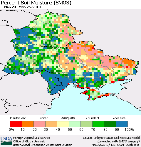 Ukraine, Moldova and Belarus Percent Soil Moisture (SMOS) Thematic Map For 3/19/2018 - 3/25/2018