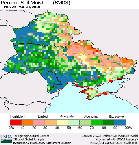 Ukraine, Moldova and Belarus Percent Soil Moisture (SMOS) Thematic Map For 3/26/2018 - 4/1/2018