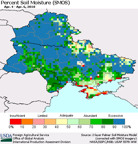 Ukraine, Moldova and Belarus Percent Soil Moisture (SMOS) Thematic Map For 4/2/2018 - 4/8/2018