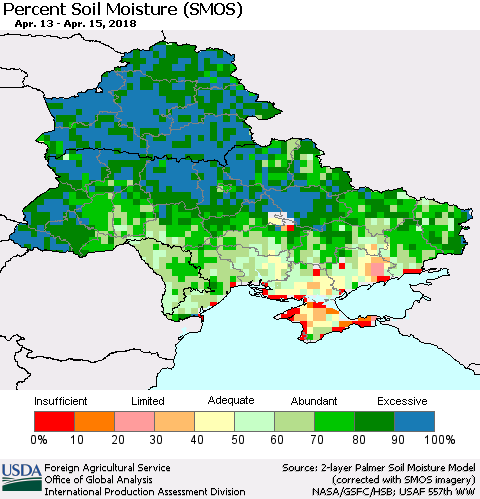 Ukraine, Moldova and Belarus Percent Soil Moisture (SMOS) Thematic Map For 4/9/2018 - 4/15/2018