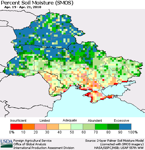 Ukraine, Moldova and Belarus Percent Soil Moisture (SMOS) Thematic Map For 4/16/2018 - 4/22/2018