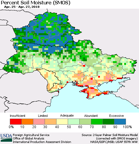 Ukraine, Moldova and Belarus Percent Soil Moisture (SMOS) Thematic Map For 4/23/2018 - 4/29/2018