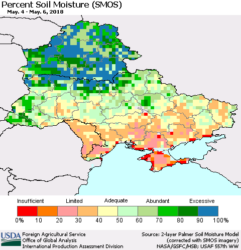 Ukraine, Moldova and Belarus Percent Soil Moisture (SMOS) Thematic Map For 4/30/2018 - 5/6/2018