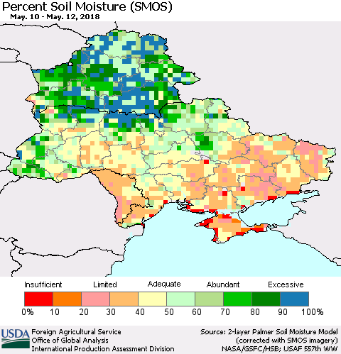 Ukraine, Moldova and Belarus Percent Soil Moisture (SMOS) Thematic Map For 5/7/2018 - 5/13/2018