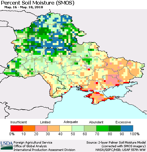 Ukraine, Moldova and Belarus Percent Soil Moisture (SMOS) Thematic Map For 5/14/2018 - 5/20/2018