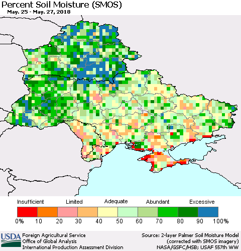 Ukraine, Moldova and Belarus Percent Soil Moisture (SMOS) Thematic Map For 5/21/2018 - 5/27/2018