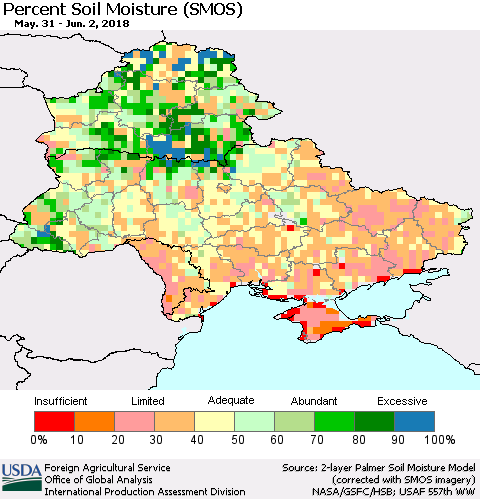 Ukraine, Moldova and Belarus Percent Soil Moisture (SMOS) Thematic Map For 5/28/2018 - 6/3/2018