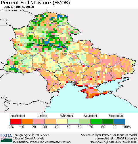 Ukraine, Moldova and Belarus Percent Soil Moisture (SMOS) Thematic Map For 6/4/2018 - 6/10/2018