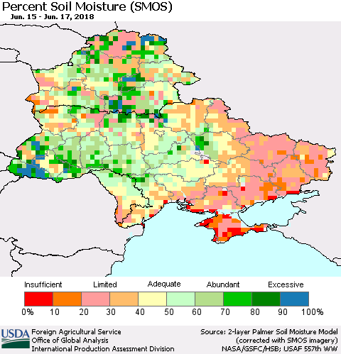 Ukraine, Moldova and Belarus Percent Soil Moisture (SMOS) Thematic Map For 6/11/2018 - 6/17/2018