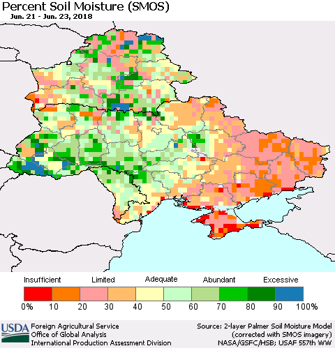 Ukraine, Moldova and Belarus Percent Soil Moisture (SMOS) Thematic Map For 6/18/2018 - 6/24/2018