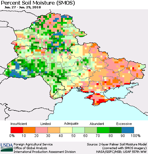Ukraine, Moldova and Belarus Percent Soil Moisture (SMOS) Thematic Map For 6/25/2018 - 7/1/2018