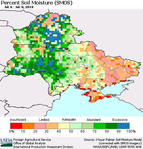 Ukraine, Moldova and Belarus Percent Soil Moisture (SMOS) Thematic Map For 7/2/2018 - 7/8/2018