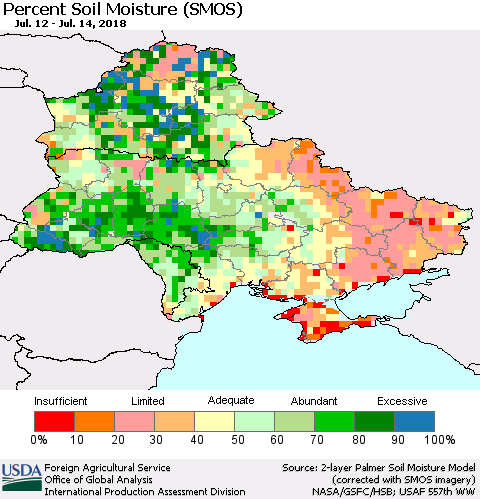 Ukraine, Moldova and Belarus Percent Soil Moisture (SMOS) Thematic Map For 7/9/2018 - 7/15/2018
