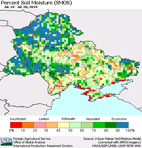 Ukraine, Moldova and Belarus Percent Soil Moisture (SMOS) Thematic Map For 7/16/2018 - 7/22/2018