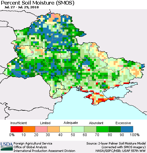 Ukraine, Moldova and Belarus Percent Soil Moisture (SMOS) Thematic Map For 7/23/2018 - 7/29/2018
