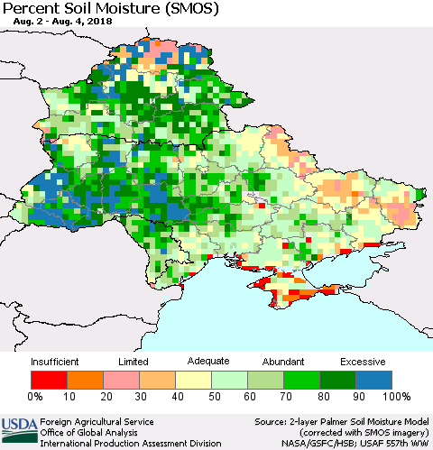 Ukraine, Moldova and Belarus Percent Soil Moisture (SMOS) Thematic Map For 7/30/2018 - 8/5/2018