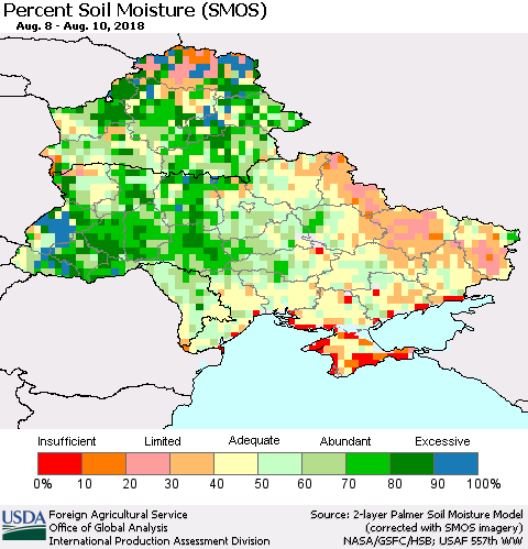 Ukraine, Moldova and Belarus Percent Soil Moisture (SMOS) Thematic Map For 8/6/2018 - 8/12/2018