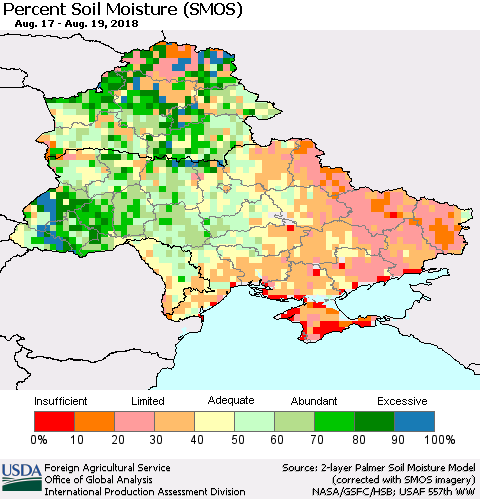 Ukraine, Moldova and Belarus Percent Soil Moisture (SMOS) Thematic Map For 8/13/2018 - 8/19/2018