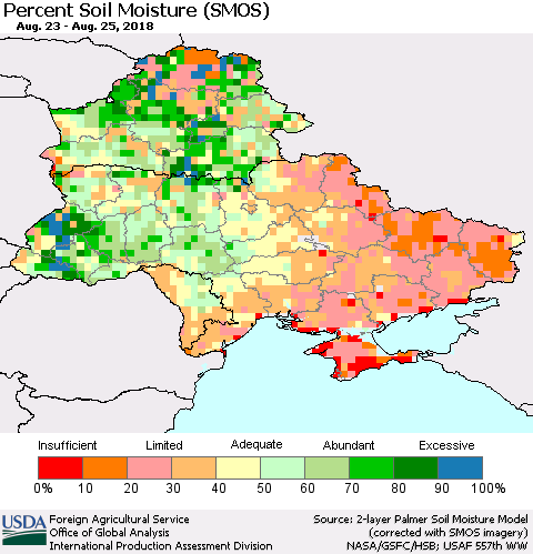 Ukraine, Moldova and Belarus Percent Soil Moisture (SMOS) Thematic Map For 8/20/2018 - 8/26/2018