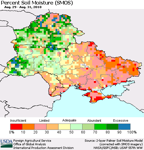 Ukraine, Moldova and Belarus Percent Soil Moisture (SMOS) Thematic Map For 8/27/2018 - 9/2/2018
