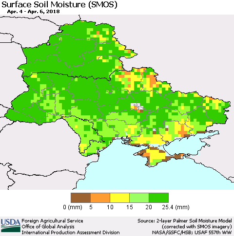 Ukraine, Moldova and Belarus Surface Soil Moisture (SMOS) Thematic Map For 4/2/2018 - 4/8/2018
