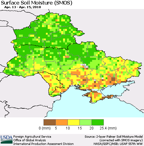 Ukraine, Moldova and Belarus Surface Soil Moisture (SMOS) Thematic Map For 4/9/2018 - 4/15/2018