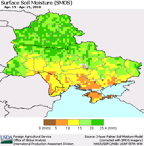 Ukraine, Moldova and Belarus Surface Soil Moisture (SMOS) Thematic Map For 4/16/2018 - 4/22/2018