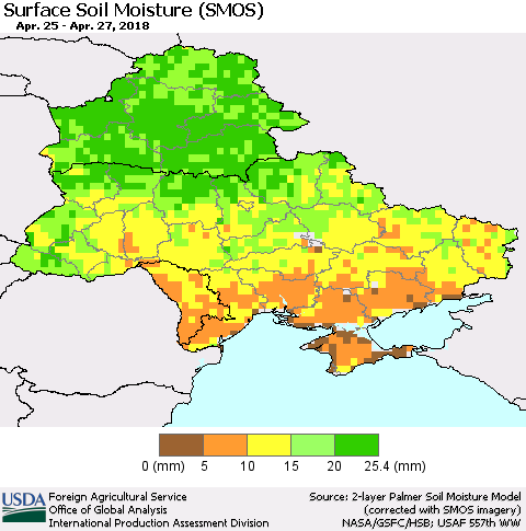 Ukraine, Moldova and Belarus Surface Soil Moisture (SMOS) Thematic Map For 4/23/2018 - 4/29/2018