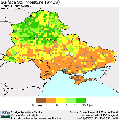 Ukraine, Moldova and Belarus Surface Soil Moisture (SMOS) Thematic Map For 4/30/2018 - 5/6/2018