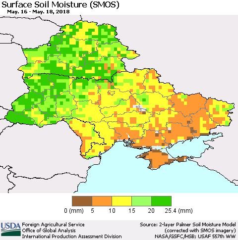 Ukraine, Moldova and Belarus Surface Soil Moisture (SMOS) Thematic Map For 5/14/2018 - 5/20/2018