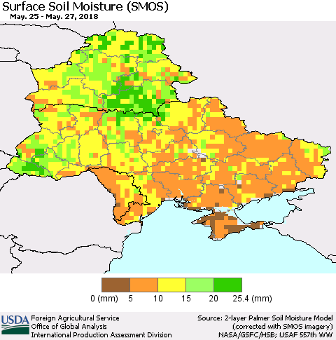 Ukraine, Moldova and Belarus Surface Soil Moisture (SMOS) Thematic Map For 5/21/2018 - 5/27/2018