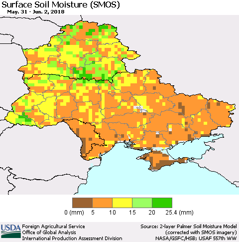 Ukraine, Moldova and Belarus Surface Soil Moisture (SMOS) Thematic Map For 5/28/2018 - 6/3/2018