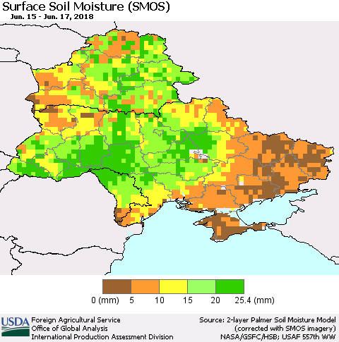 Ukraine, Moldova and Belarus Surface Soil Moisture (SMOS) Thematic Map For 6/11/2018 - 6/17/2018