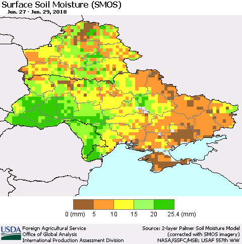 Ukraine, Moldova and Belarus Surface Soil Moisture (SMOS) Thematic Map For 6/25/2018 - 7/1/2018