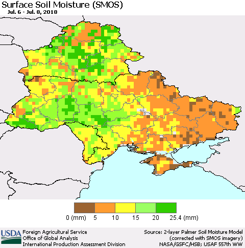Ukraine, Moldova and Belarus Surface Soil Moisture (SMOS) Thematic Map For 7/2/2018 - 7/8/2018