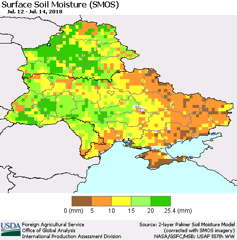 Ukraine, Moldova and Belarus Surface Soil Moisture (SMOS) Thematic Map For 7/9/2018 - 7/15/2018