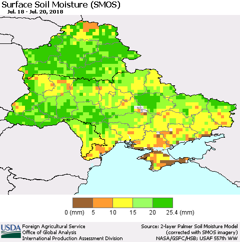 Ukraine, Moldova and Belarus Surface Soil Moisture (SMOS) Thematic Map For 7/16/2018 - 7/22/2018