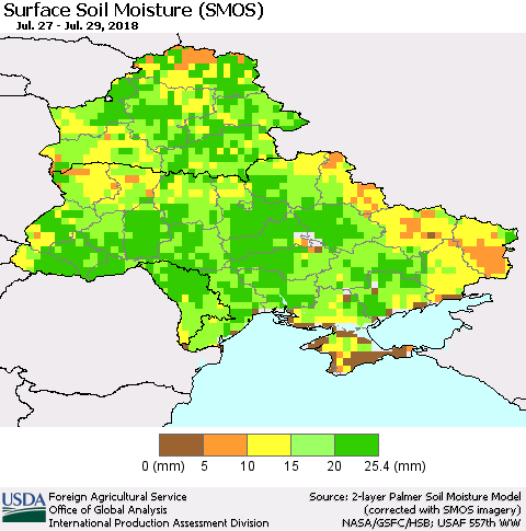 Ukraine, Moldova and Belarus Surface Soil Moisture (SMOS) Thematic Map For 7/23/2018 - 7/29/2018