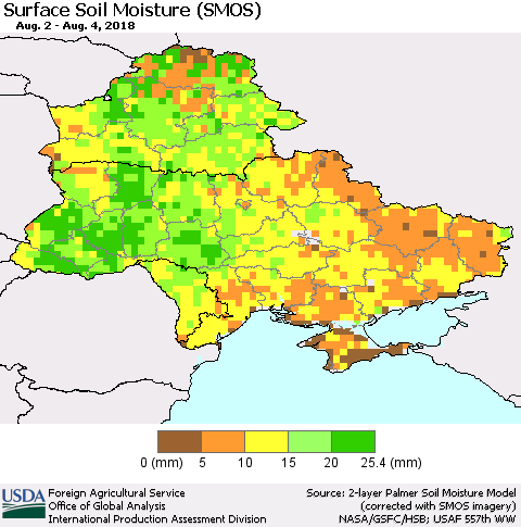 Ukraine, Moldova and Belarus Surface Soil Moisture (SMOS) Thematic Map For 7/30/2018 - 8/5/2018