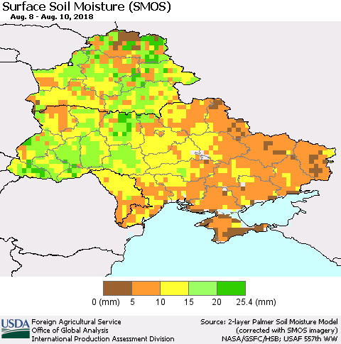 Ukraine, Moldova and Belarus Surface Soil Moisture (SMOS) Thematic Map For 8/6/2018 - 8/12/2018
