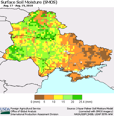 Ukraine, Moldova and Belarus Surface Soil Moisture (SMOS) Thematic Map For 8/13/2018 - 8/19/2018