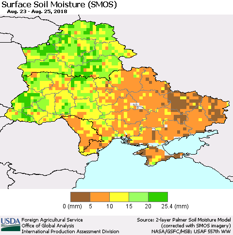Ukraine, Moldova and Belarus Surface Soil Moisture (SMOS) Thematic Map For 8/20/2018 - 8/26/2018